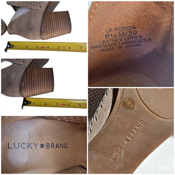 Tan Suede Booties Lucky Brand Podgia Size 8.5 Peforated Ankle Boot V-Notch Side - Picture 7 of 13